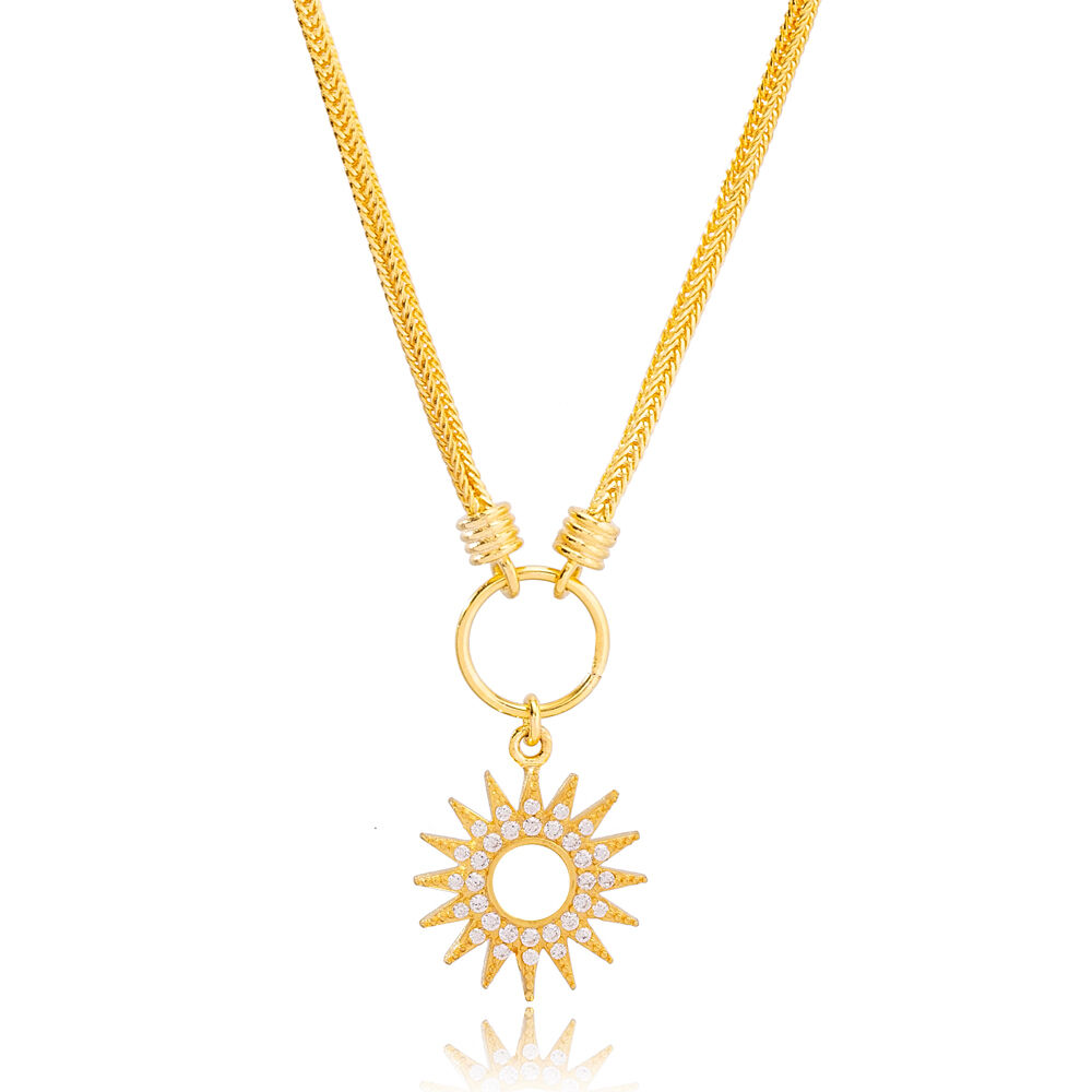 Sun Design Zircon Stone Hollow Trendy Pendant Necklace Turkish 925 Sterling Silver Jewelry