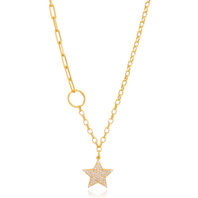 Dainty Zircon Stone Star Charm  Link and Cable Chain Pendant Necklace Turkish 925 Sterling Silver Jewelry