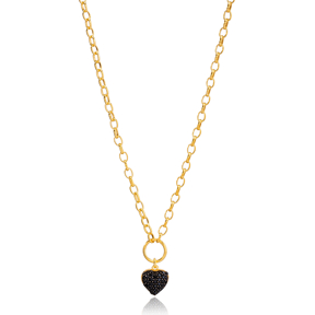 Heart Charm Black Zircon Hollow Cable Chain Pendant Necklace Turkish 925 Sterling Silver Jewelry