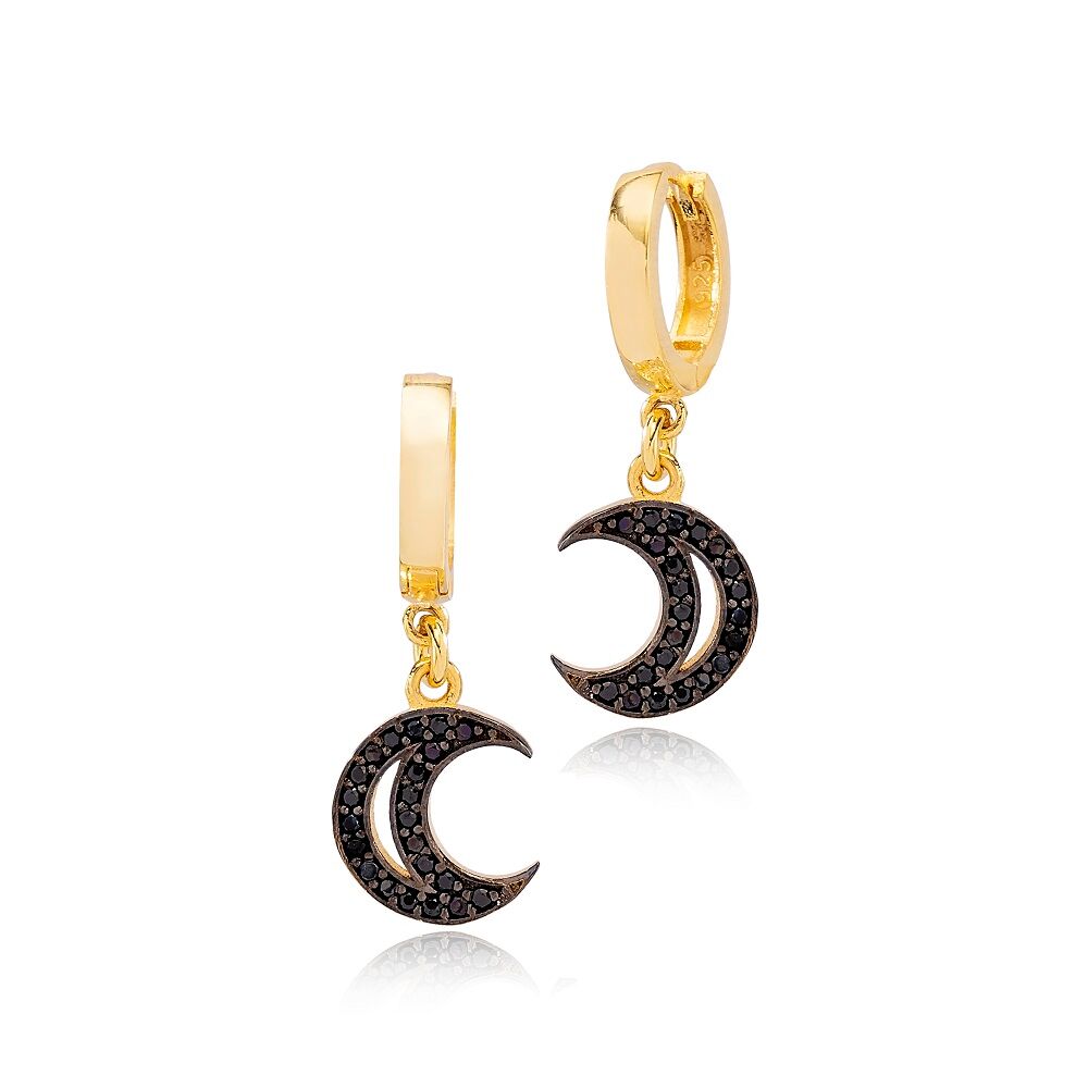 Trendy Black Zircon Moon Design Ø12mm Hoop Dangle Earrings Turkish Wholesale Handmade 925 Sterling Silver Jewelry
