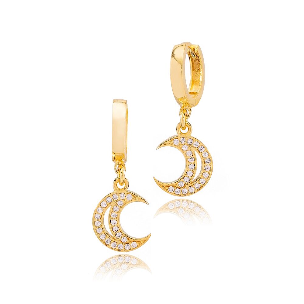 Moon Design Zircon Stone Ø12mm Hoop Dangle Earrings Turkish Wholesale Handmade 925 Sterling Silver Jewelry