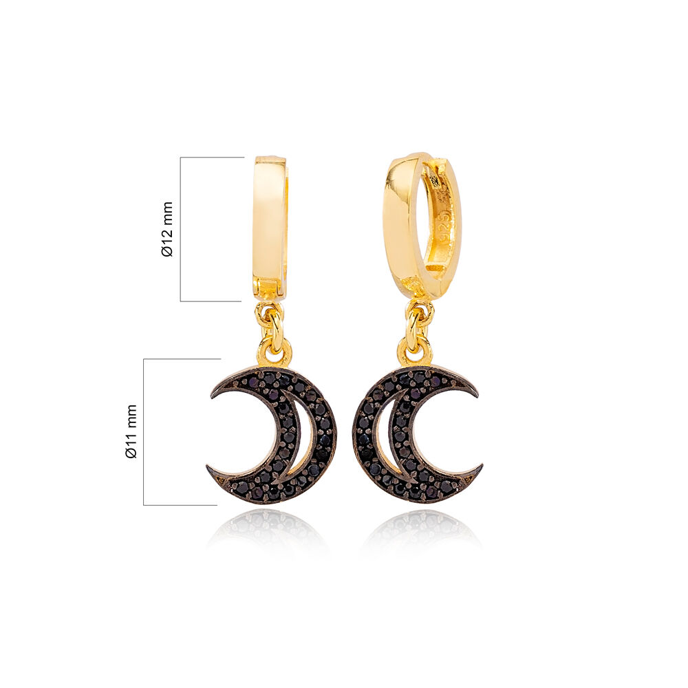 Trendy Black Zircon Moon Design Ø12mm Hoop Dangle Earrings Turkish Wholesale Handmade 925 Sterling Silver Jewelry