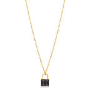 New Fashion Black Zircon Padlock Charm Necklace Turkish 925 Sterling Silver Jewelry