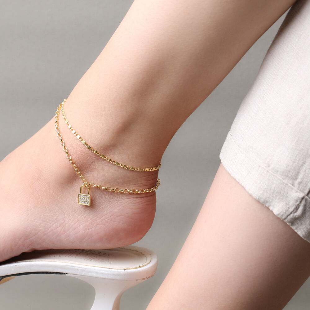Padlock Chain Design Dual Chain Anklet Wholesale Handmade 925 Sterling Silver Jewelry
