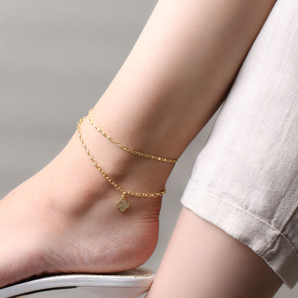 Elegant Four Leaf Charm Double Chain Anklet Wholesale Handmade 925 Sterling Silver Jewelry