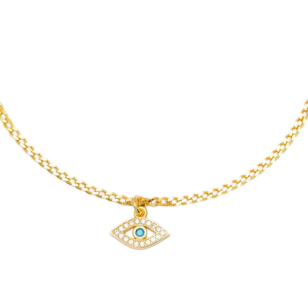 Lucky Eye Design Gourmet Chain Zircon and Turquoise Stone Anklet Wholesale Handmade 925 Sterling Silver Jewelry