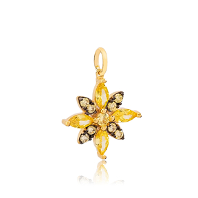 Flower Citrine and Black Stone Detailed Dangle Charm  925 Sterling Silver Wholesale Turkish  Jewelry