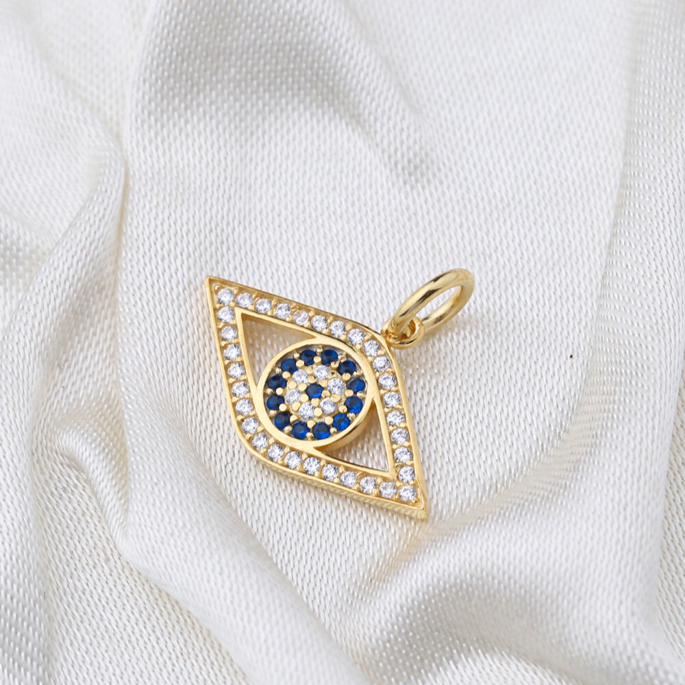 Sapphire and Zircon Stone Evil Eye Design Handmade Charm 925 Sterling Silver Wholesale Turkish Jewelry