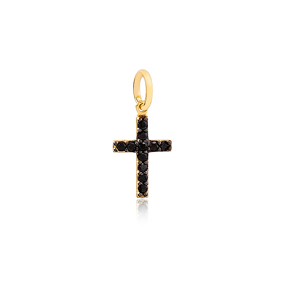 Symbolic Cross Design Black Zirconia Stone Necklace Charm  Handmade  Wholesale Turkish  925 Sterling Silver Jewelry