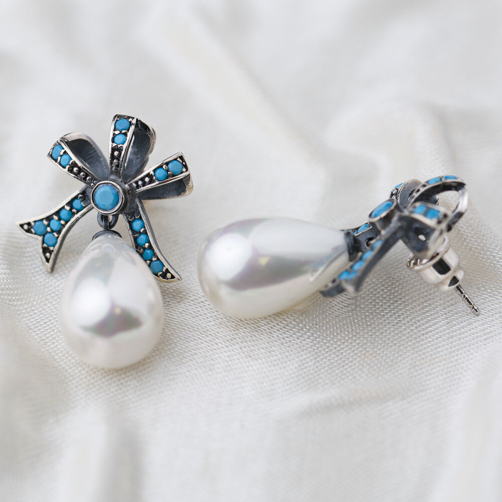 Ribbon Design Mother of Pearl Charm Oxidized Stud Earrings Turkish 925 Sterling Silver Jewelry