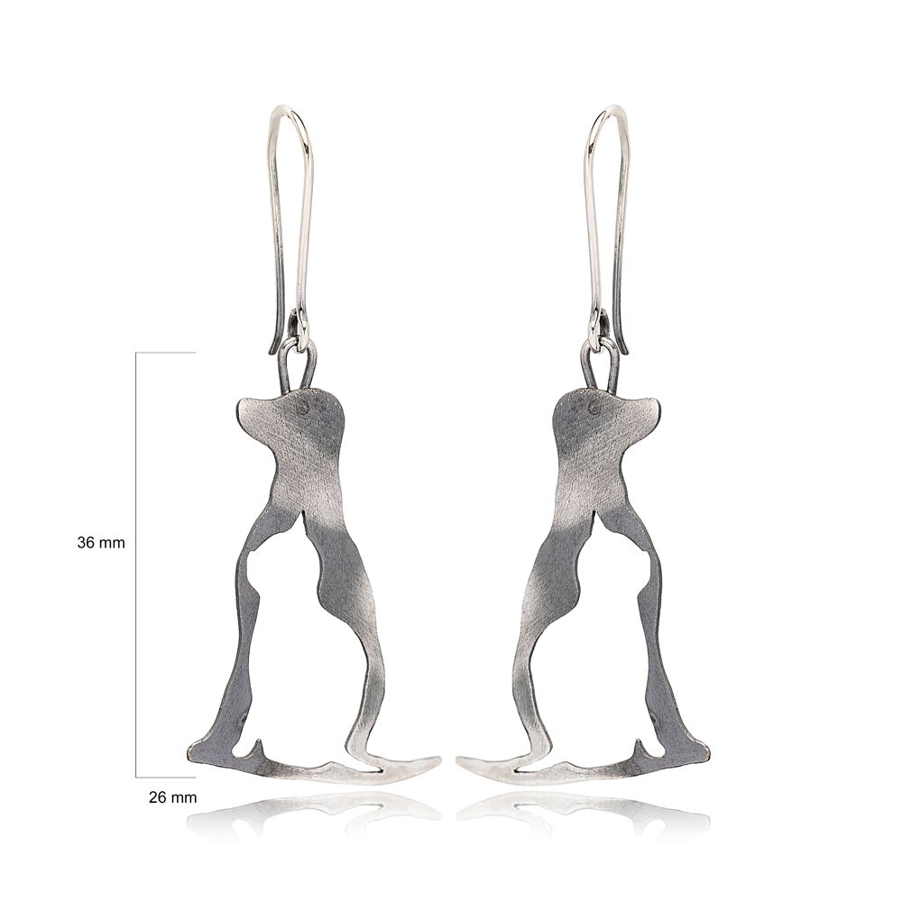 Dog and Cat Animal Charm Oxidized Dangle Earrings Turkish Wholesale Handmade 925 Sterling Silver Jewelry