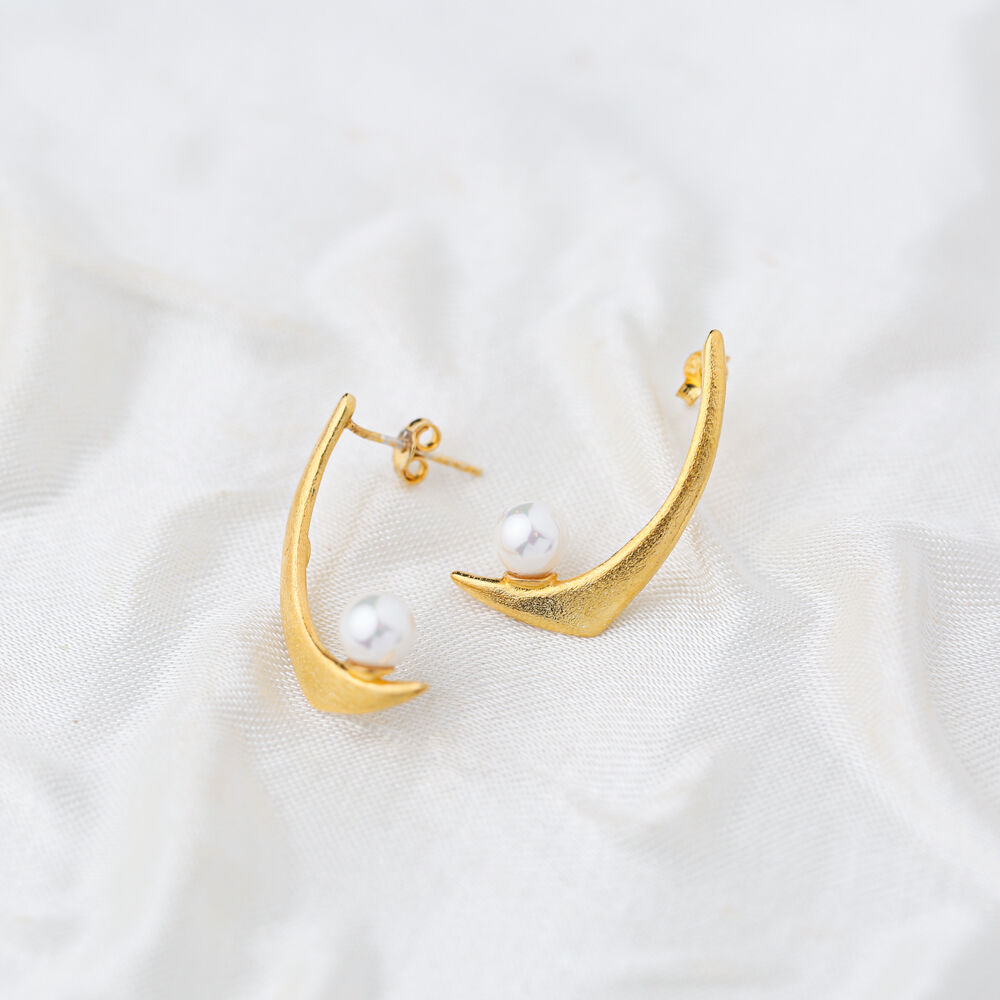 Pearl Design 22K Gold Plated Stud Earrings Turkish Handmade 925 Sterling Silver Jewelry
