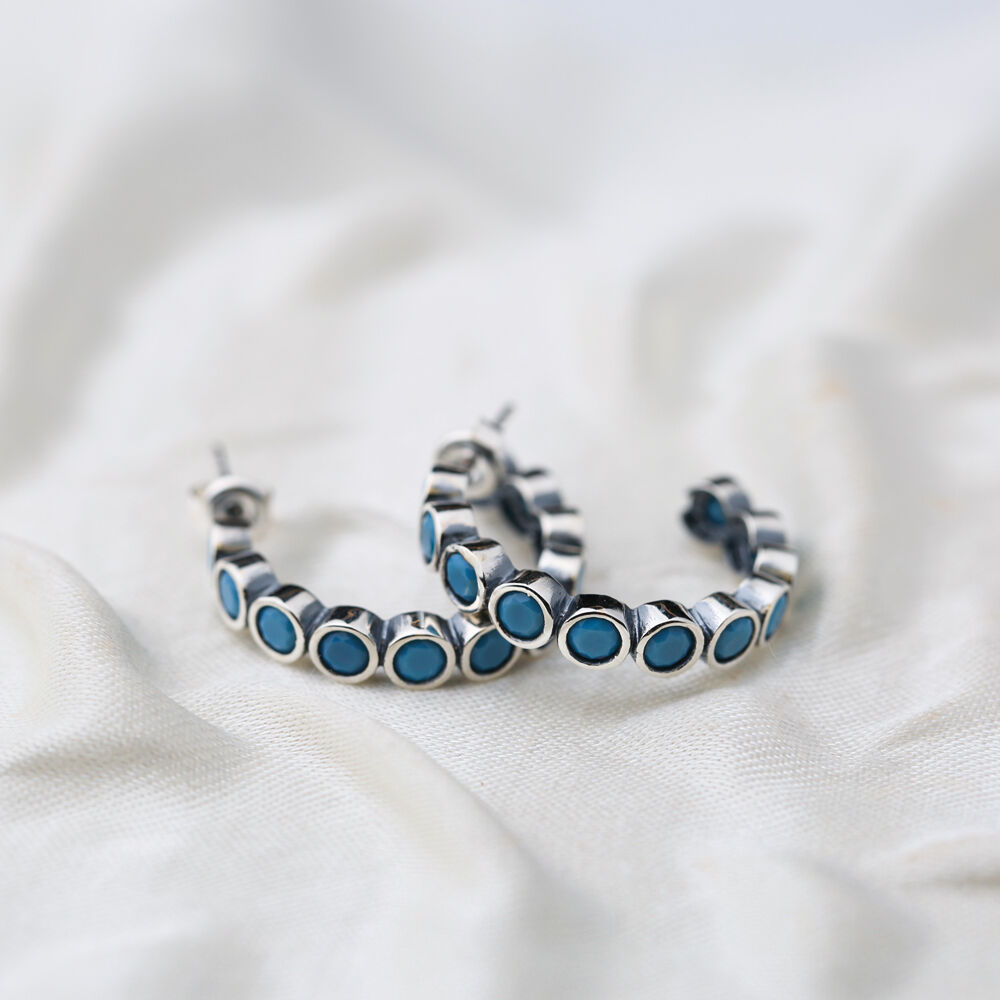Multi Turquoise Stone Oxidized Plated Hoop Earrings Handcrafted Turkey Wholesale 925 Sterling Silver Jewelry