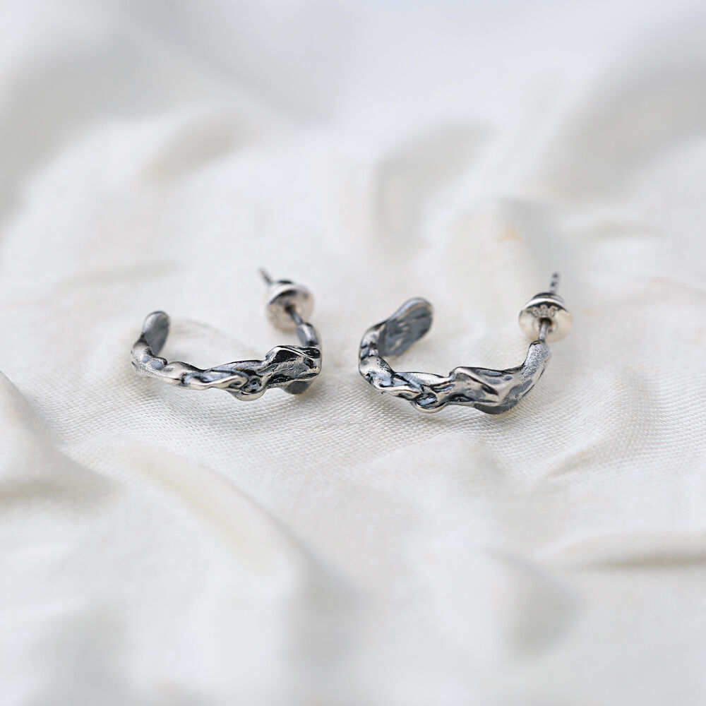 Theia Oxidized Irregular Design Handcrafted Wholesale 925 Sterling Silver Turkish Hoop Earrings Jewelry