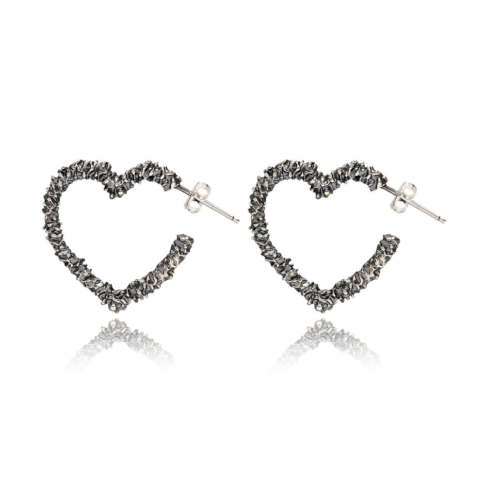 Heart Oxidized Plated Design Handcrafted Turkish Wholesale 925 Sterling Silver Stud Earrings Jewelry