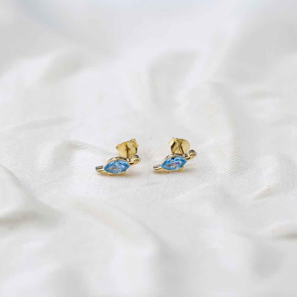 Aquamarine Turtle Design Stud Earrings Handcrafted Turkish Wholesale 925 Sterling Silver Jewelry