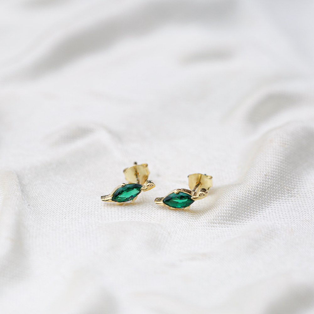 Turtle Emerald Stone Stud Earrings Handcrafted Turkish Wholesale 925 Sterling Silver Jewelry