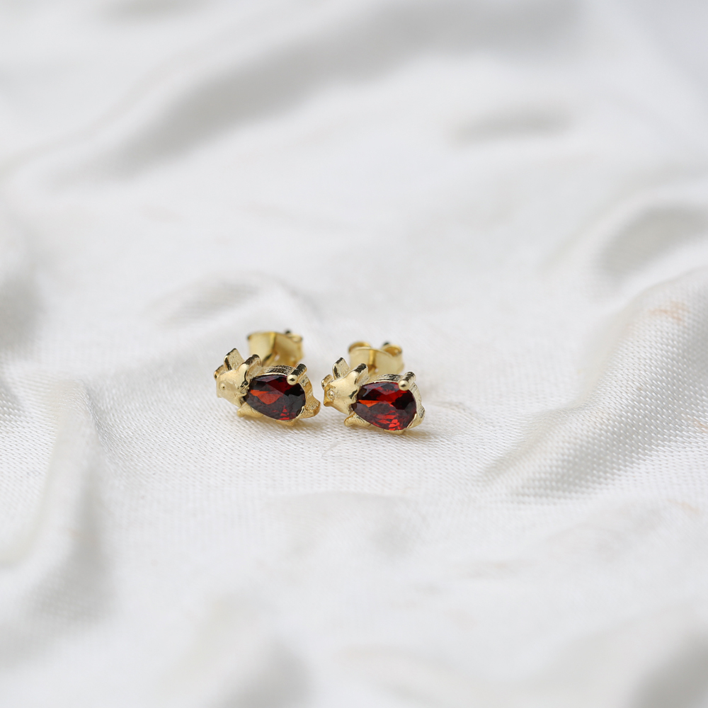 Rhinoceros Garnet Stone Stud Earrings Handcrafted Turkish Wholesale 925 Sterling Silver Jewelry