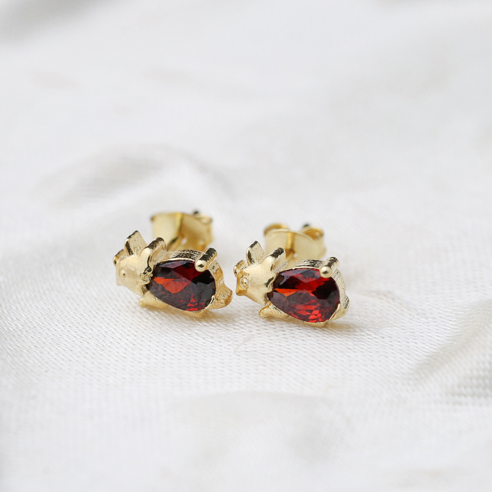 Rhinoceros Garnet Stone Stud Earrings Handcrafted Turkish Wholesale 925 Sterling Silver Jewelry