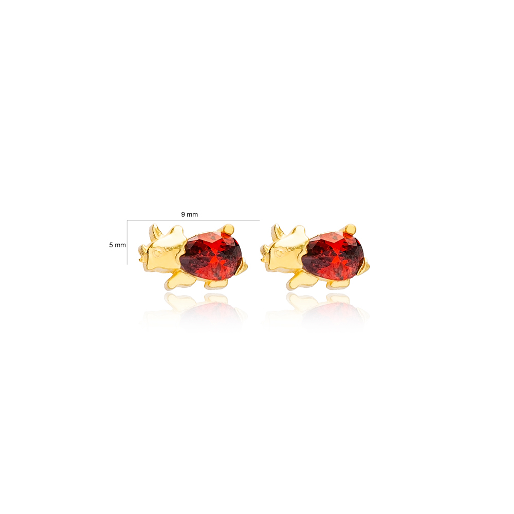 Rhinoceros Garnet Stone Stud Earrings Handcrafted Turkish Wholesale 925 Sterling Silver Jewelry
