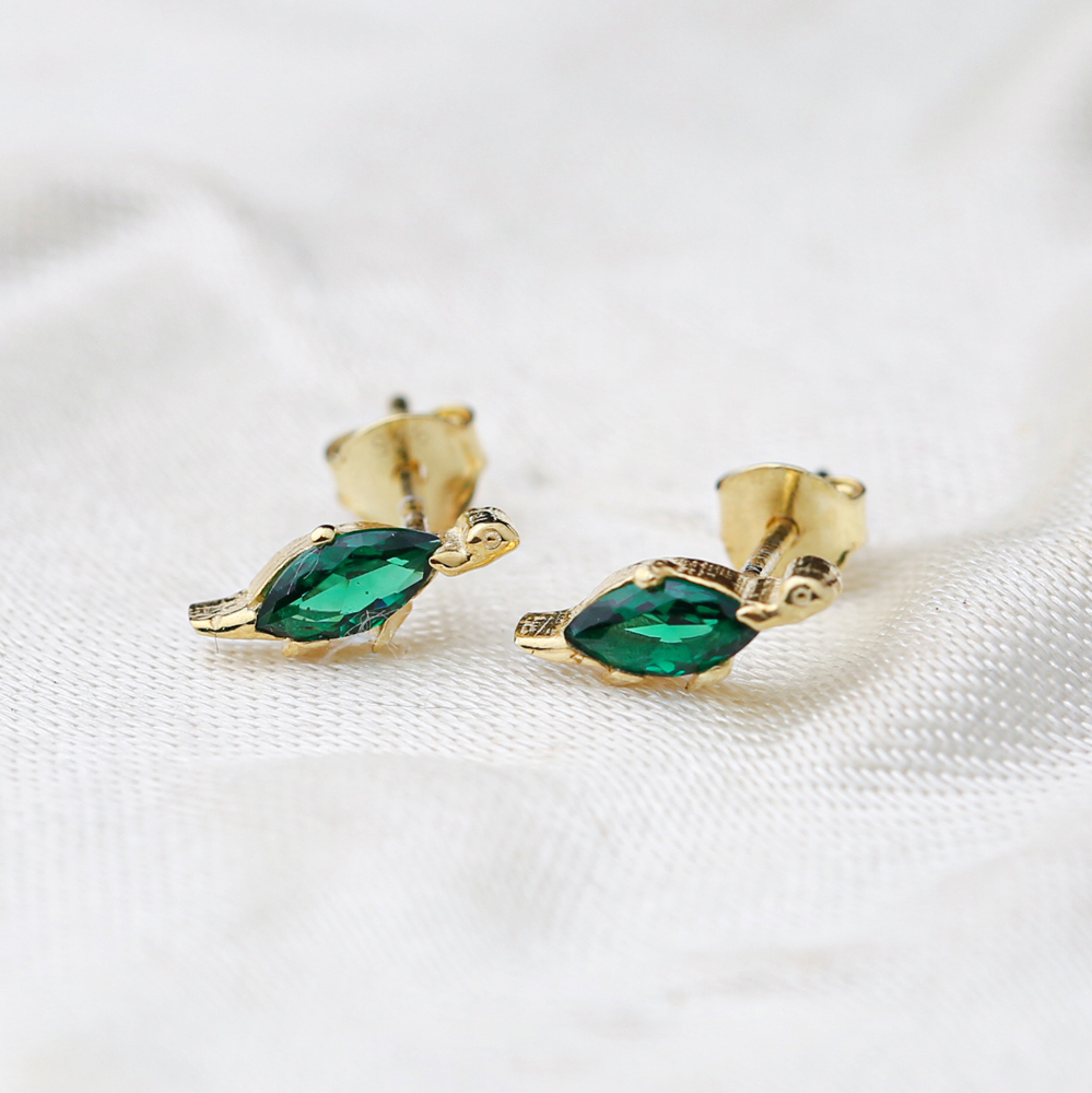 Turtle Emerald Stone Stud Earrings Handcrafted Turkish Wholesale 925 Sterling Silver Jewelry