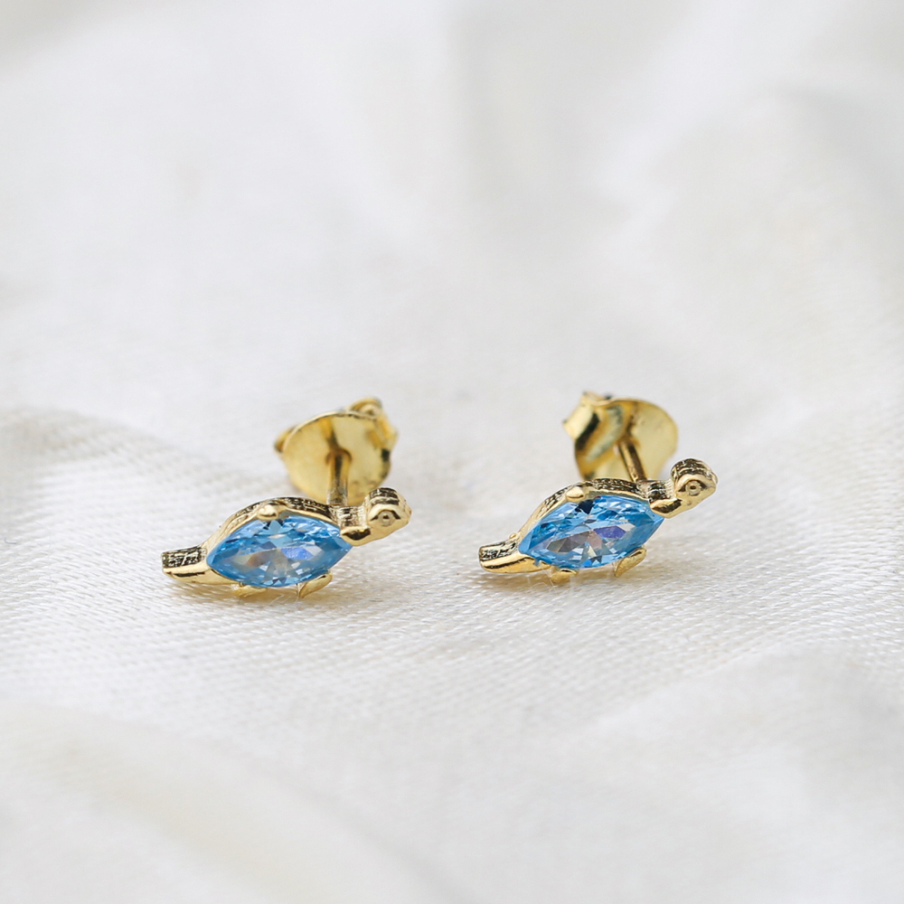 Aquamarine Turtle Design Stud Earrings Handcrafted Turkish Wholesale 925 Sterling Silver Jewelry