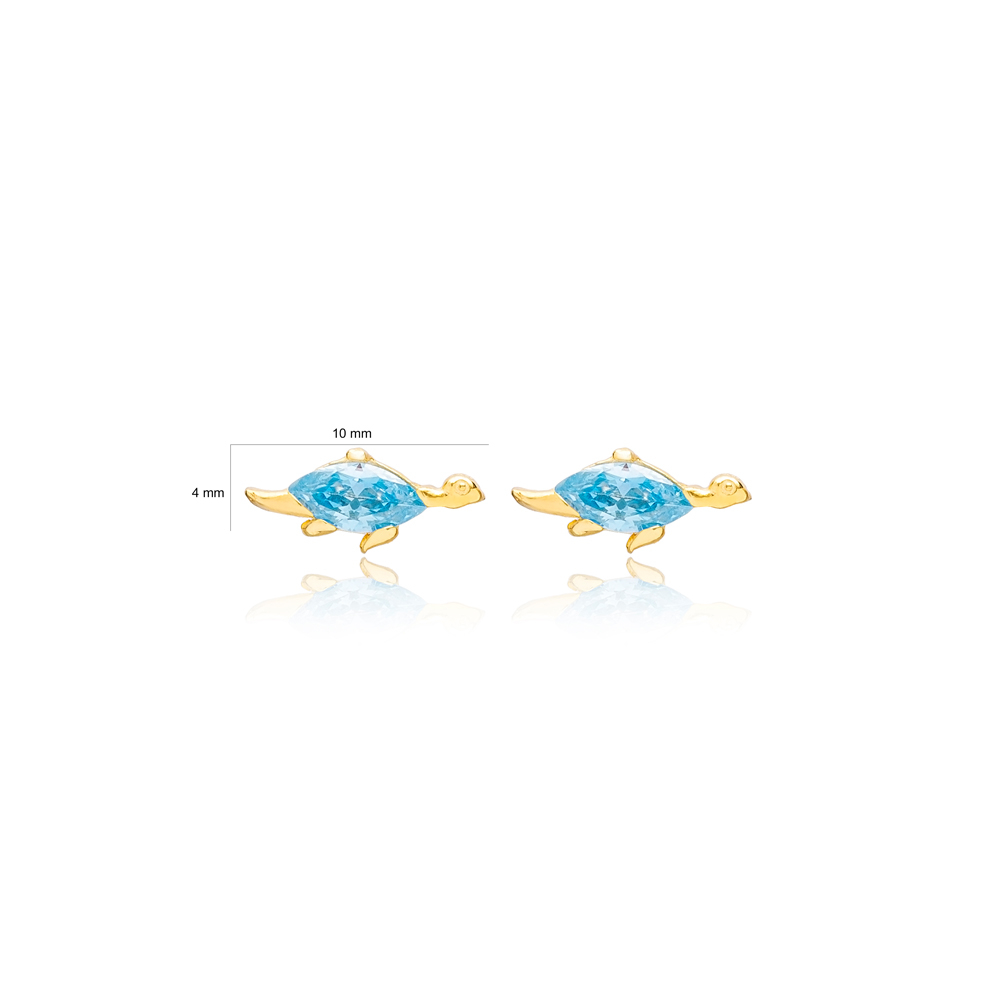 Aquamarine Turtle Design Stud Earrings Handcrafted Turkish Wholesale 925 Sterling Silver Jewelry