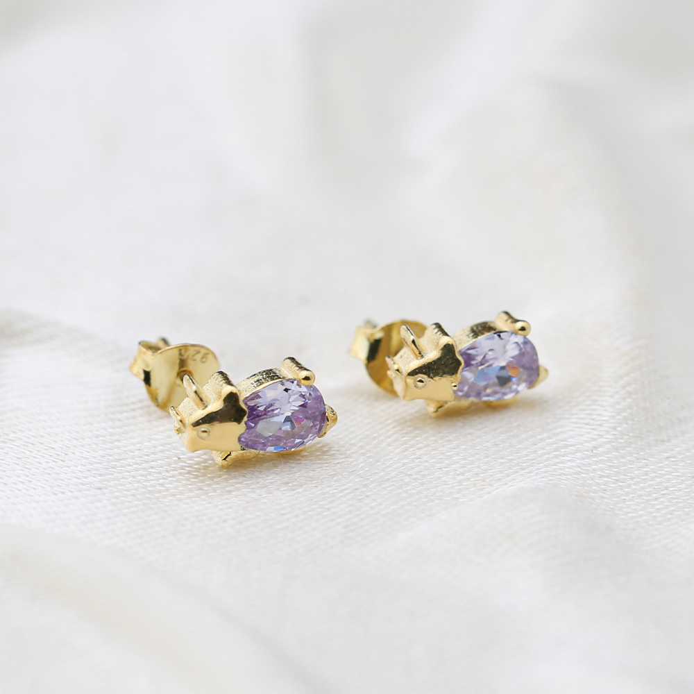 Rhinoceros Amethyst Stone Stud Earrings Handcrafted Turkish Wholesale 925 Sterling Silver Jewelry