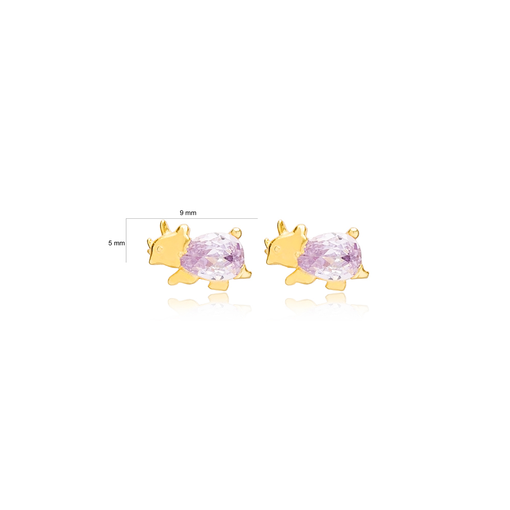Rhinoceros Amethyst Stone Stud Earrings Handcrafted Turkish Wholesale 925 Sterling Silver Jewelry