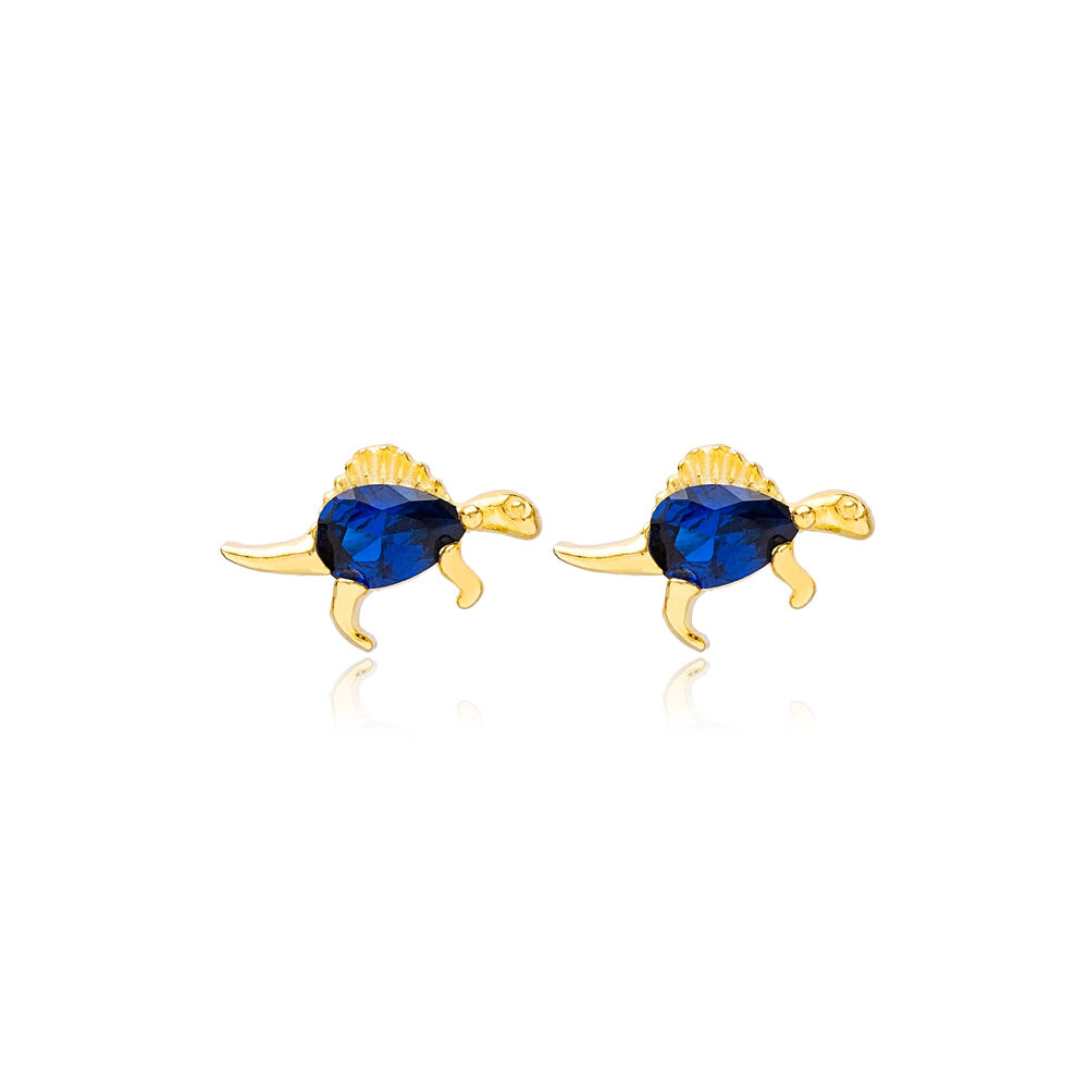 Dragon Sapphire Stone Stud Earrings Handcrafted Turkish Wholesale 925 Sterling Silver Jewelry