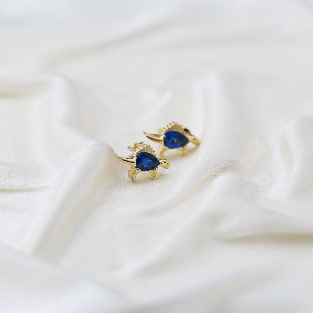 Dragon Sapphire Stone Stud Earrings Handcrafted Turkish Wholesale 925 Sterling Silver Jewelry