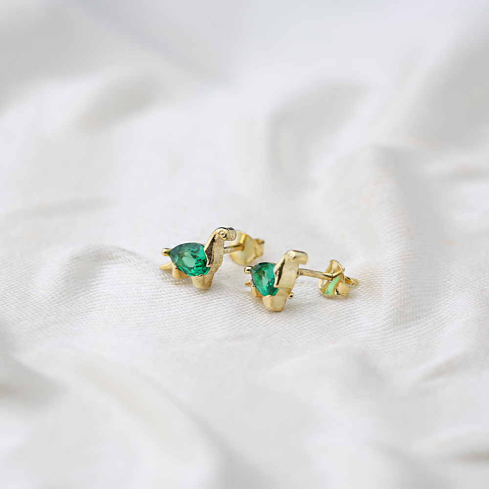 Emerald Dinosaur Handcrafted Turkish Wholesale 925 Sterling Silver  Stud Earrings Jewelry
