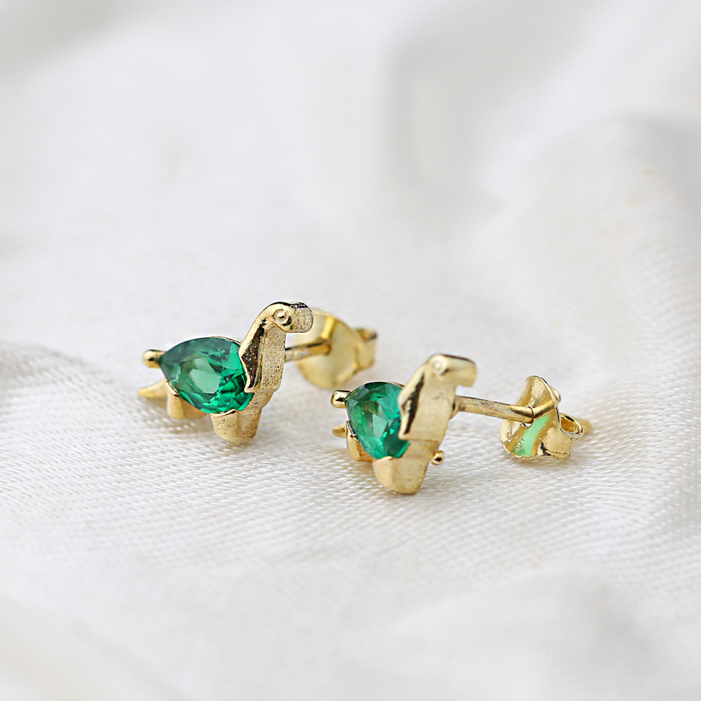 Emerald Dinosaur Handcrafted Turkish Wholesale 925 Sterling Silver  Stud Earrings Jewelry