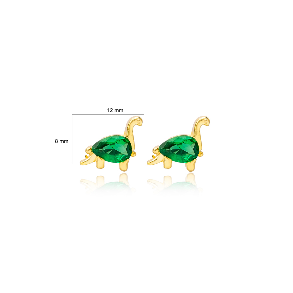 Emerald Dinosaur Handcrafted Turkish Wholesale 925 Sterling Silver  Stud Earrings Jewelry