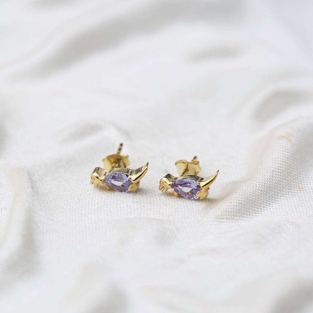 Dinosaur Amethyst Handcrafted Turkish Wholesale 925 Sterling Silver  Stud Earrings Jewelry
