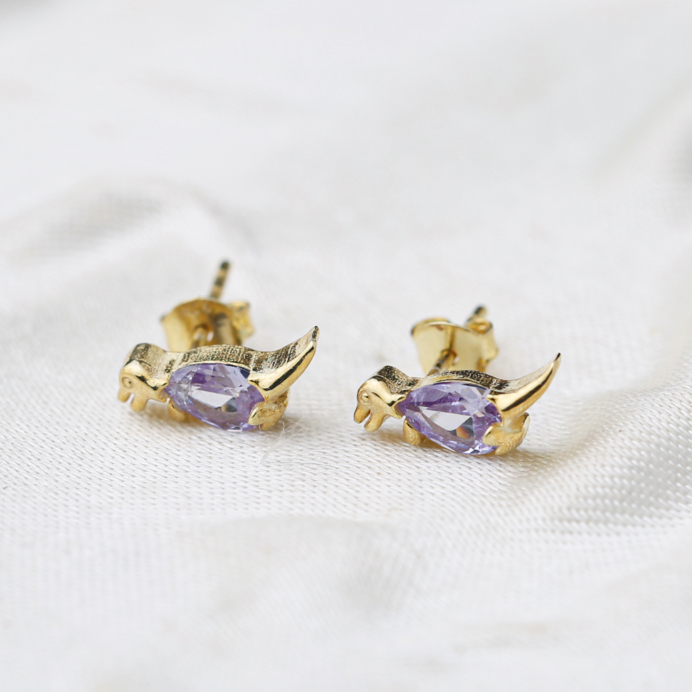 Dinosaur Amethyst Handcrafted Turkish Wholesale 925 Sterling Silver  Stud Earrings Jewelry