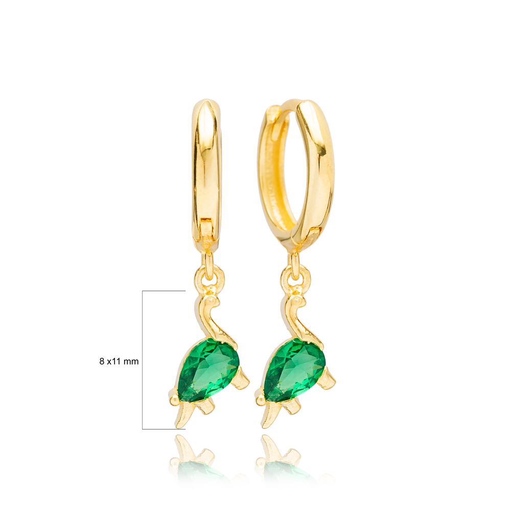 Dinosaur Emerald Design Dangle Earrings Handmade Turkish Wholesale 925 Sterling Silver Jewelry
