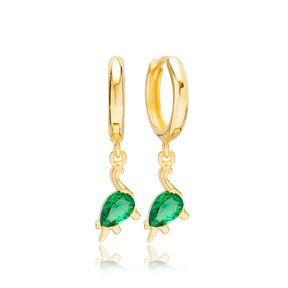 Dinosaur Emerald Design Dangle Earrings Handmade Turkish Wholesale 925 Sterling Silver Jewelry
