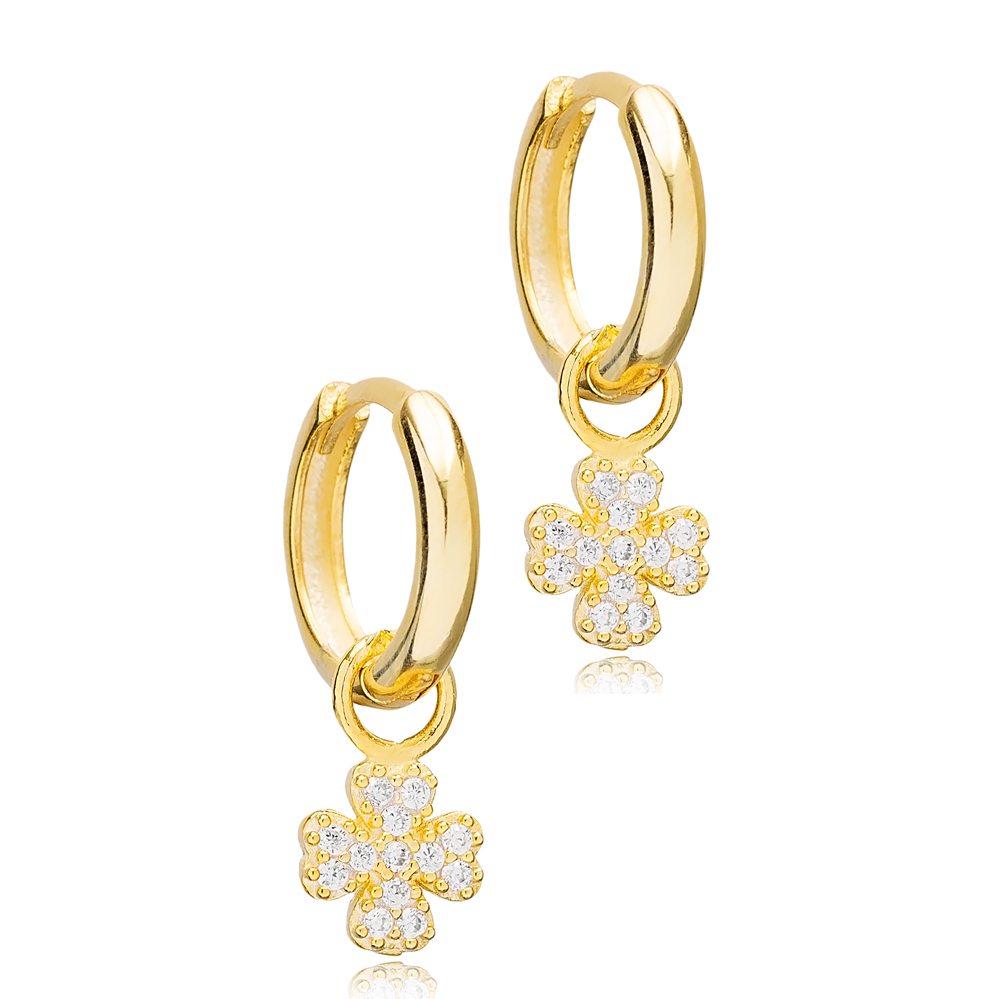 Four Clover Shape Ø12mm Hoop Design Dangle Earrings Handmade Turkish Wholesale 925 Sterling Silver Jewelry