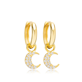 Moon Charm Ø12mm Hoop Dangle Earrings Design Handmade Turkish Wholesale 925 Sterling Silver Jewelry