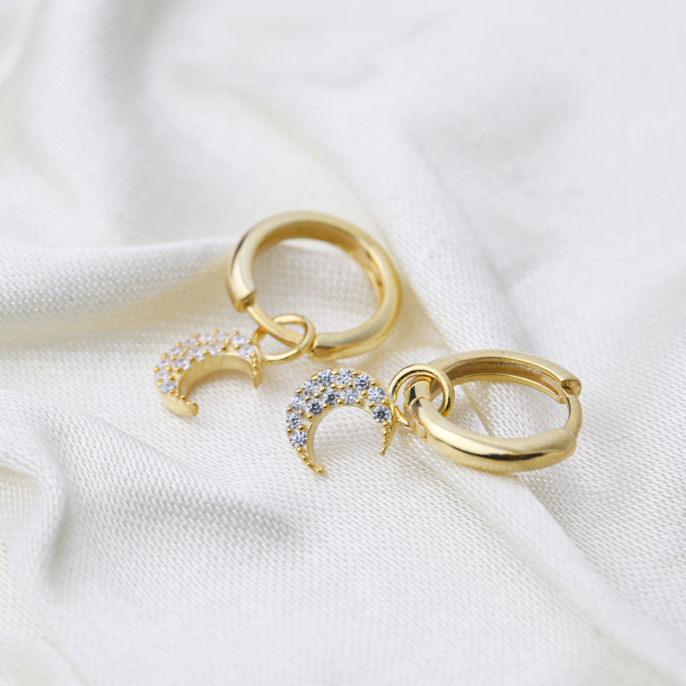 Moon Charm Ø12mm Hoop Dangle Earrings Design Handmade Turkish Wholesale 925 Sterling Silver Jewelry