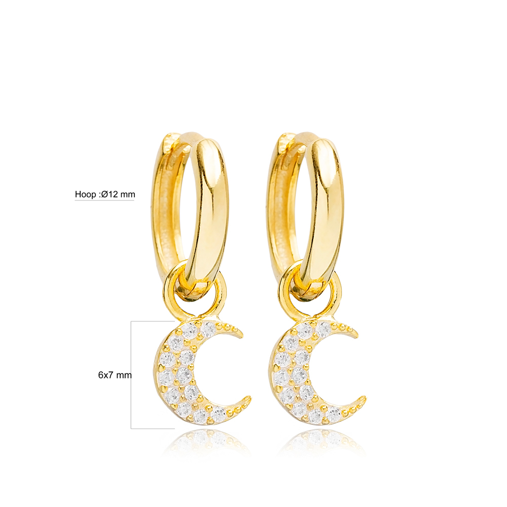 Moon Charm Ø12mm Hoop Dangle Earrings Design Handmade Turkish Wholesale 925 Sterling Silver Jewelry
