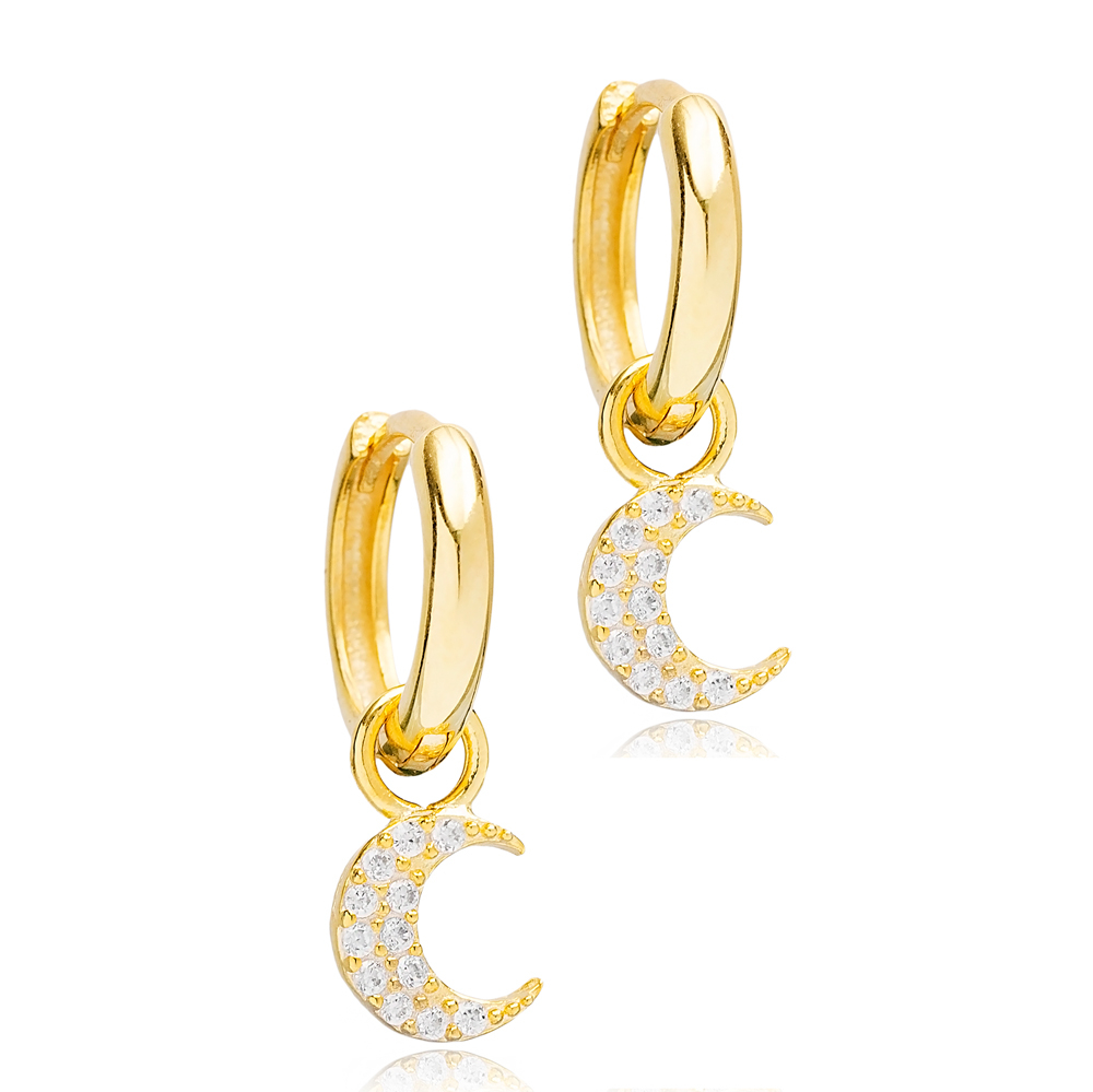 Moon Charm Ø12mm Hoop Dangle Earrings Design Handmade Turkish Wholesale 925 Sterling Silver Jewelry