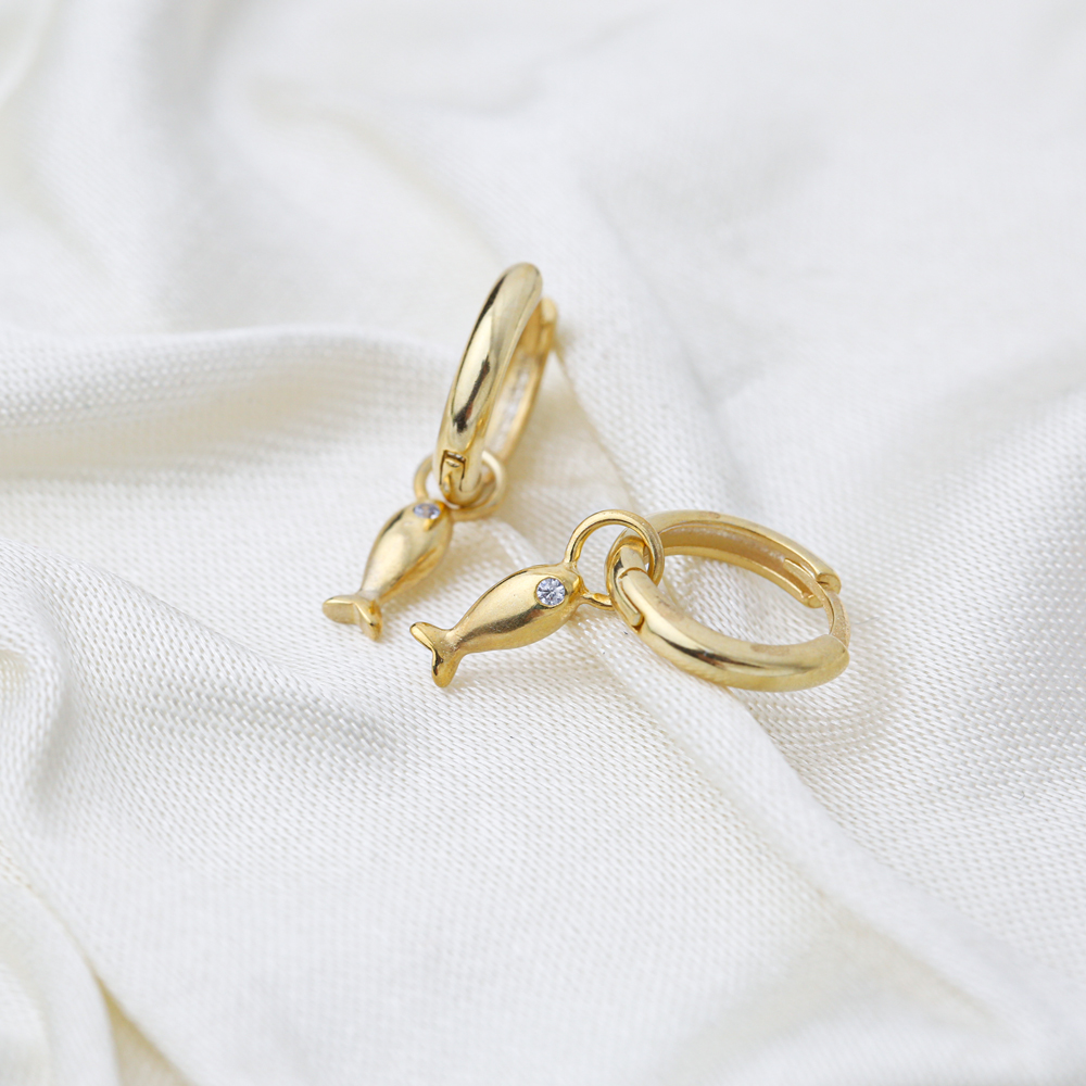 Fish Animal Charm 12mm Hoop Dangle Earrings Handmade Turkish Wholesale 925 Sterling Silver  Jewelry