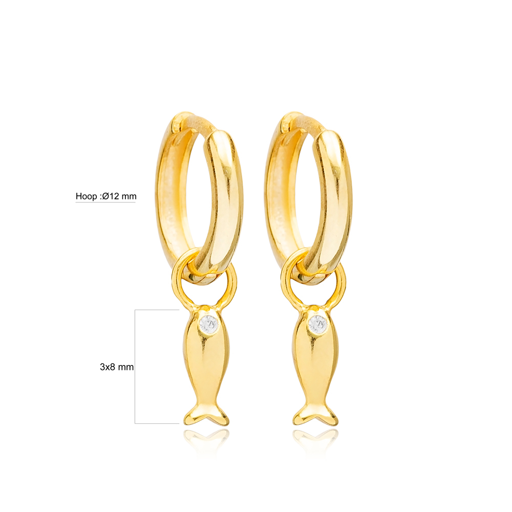 Fish Animal Charm 12mm Hoop Dangle Earrings Handmade Turkish Wholesale 925 Sterling Silver  Jewelry