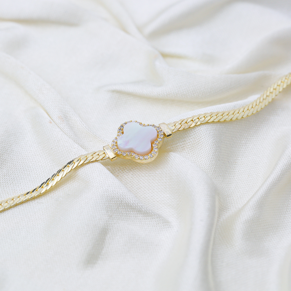 Trendy Four Clover Design Mother of Pearl Stone Charm Bracelet Handmade Wholesale Turkish 925 Sterling Silver Jewelry