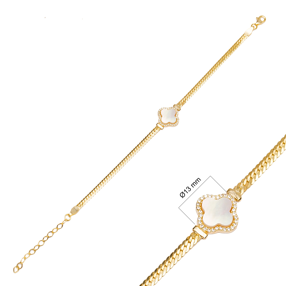 Trendy Four Clover Design Mother of Pearl Stone Charm Bracelet Handmade Wholesale Turkish 925 Sterling Silver Jewelry