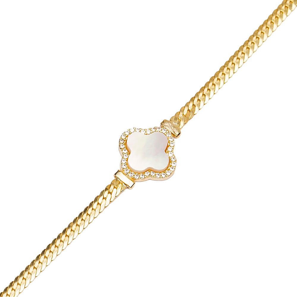 Trendy Four Clover Design Mother of Pearl Stone Charm Bracelet Handmade Wholesale Turkish 925 Sterling Silver Jewelry