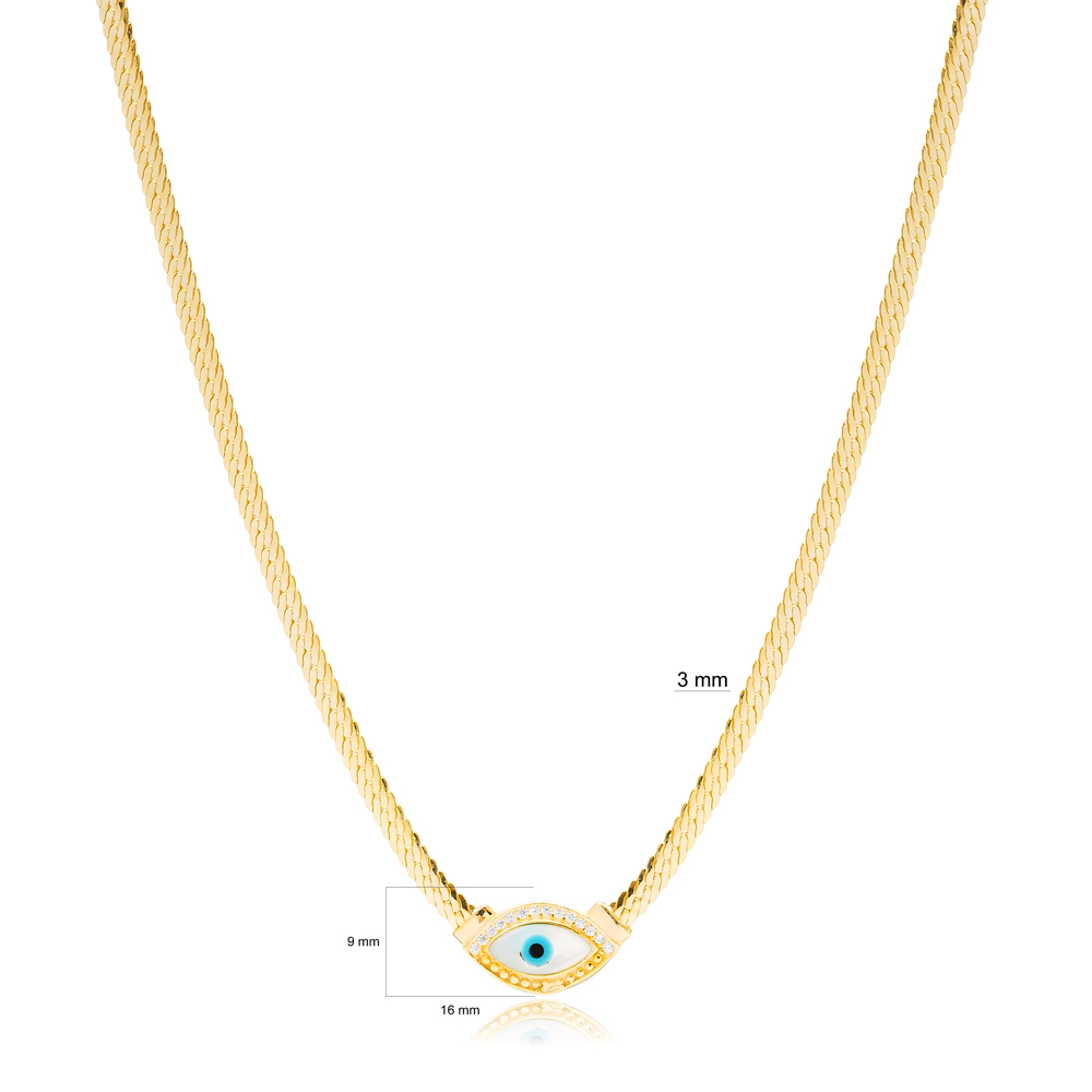 Elegant Evil Eye Curb Chain Design Charm Necklace Handmade Turkish 925 Sterling Silver Jewelry