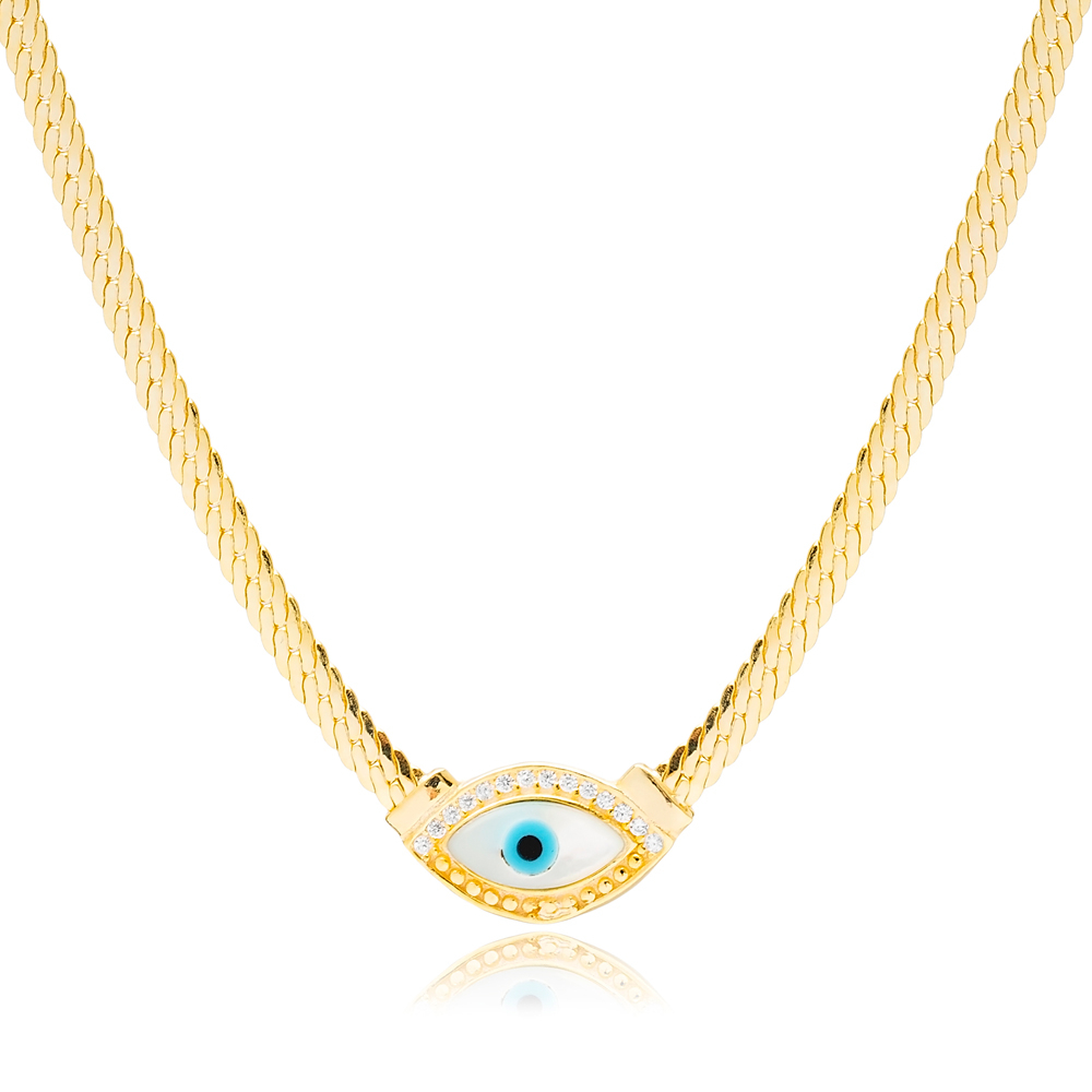 Elegant Evil Eye Curb Chain Design Charm Necklace Handmade Turkish 925 Sterling Silver Jewelry